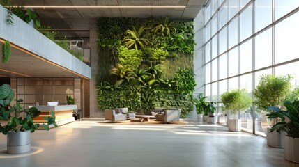 An interior of a modern office with a green wall