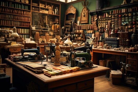 A nostalgic glimpse into a vintage haberdashery shop, with wooden counters, antique sewing machines, and colorful spools of thread