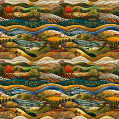 Surreal autumn landscape with undulating fields and rivers