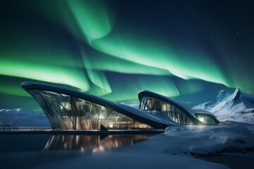 A Futuristic Glacier Observatory and Research Facility Nestled in the Heart of a Majestic Ice Landscape Under the Northern Lights