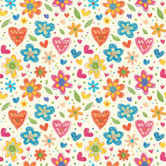 Cheerful hearts and flowers on a playful background
