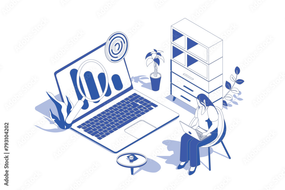 Poster seo optimization 3d isometric concept in isometry graphic design for web. people scene with woman wo