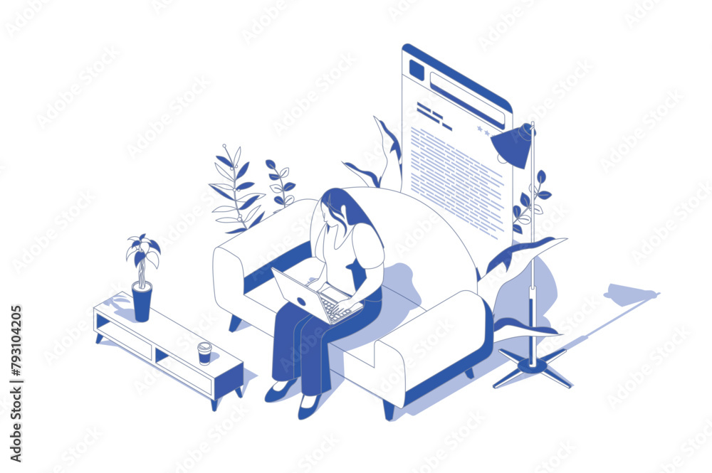 Poster Online reading 3d isometric concept in isometry graphic design for web. People scene with woman reading e-books or digital information using laptop, learning with textbook app. Vector illustration.