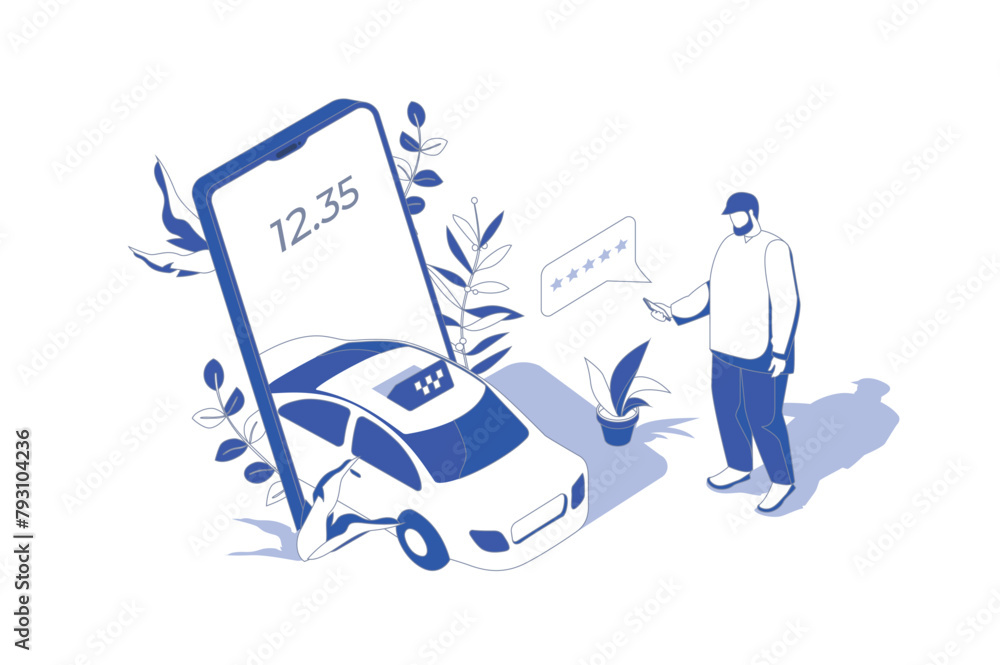 Fototapete Taxi booking 3d isometric concept in isometry graphic design for web. People scene with man ordering taxi car sing mobile app, using best rating driver and leaving client comment. Vector illustration.