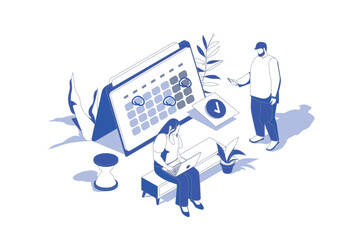 Time planning 3d isometric concept in isometry graphic design for web. People scene with team scheduling work tasks, setting goals and dating at calendar, creating daily agenda. Vector illustration.