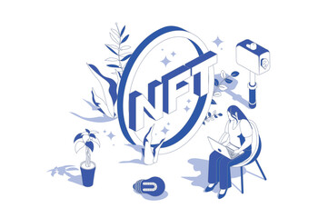 NFT token 3d isometric concept in isometry graphic design for web. People scene with woman trading digital arts with non-fungible tokens at cryptocurrency marketplace online. Vector illustration.
