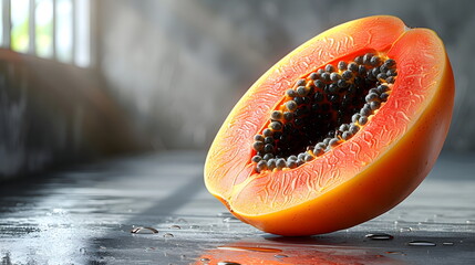 Half a papaya close-up on a gray background. Fresh juicy organic exotic fruits cut in half. Healthy vegan food