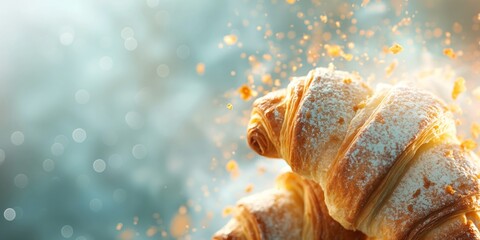 Golden croissant with a dusting of powdered sugar and crumbs flying in the air on a bokeh light background