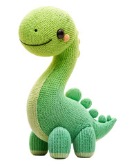 Green Funny Knitted Dinosaur, Isolated on Transparent Background. DIY Plush Toy, Birthday Present, Children and Nursery Poster Concept 