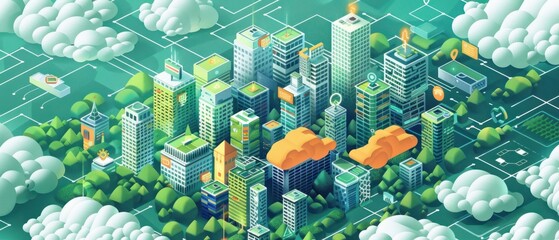isometric city with clouds and a green background