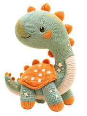 Green Cute Knitted Dinosaur, Isolated on Transparent Background. DIY Plush Toy, Birthday Present,...