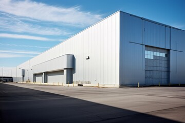 A Massive Industrial Warehouse with Large, Steel Front-Loading Doors Under a Clear Blue Sky