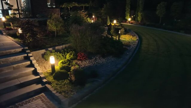 Professionally Landscaped Backyard Garden in the Evening