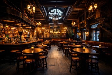 A Cozy Local Pub with Aged Wood and Brick Interior, Illuminated by Warm Lighting, Inviting Patrons for a Relaxing Evening
