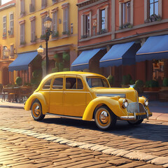 Yellow car retro vintage model 3d illustration, cartoon style cute vehicle