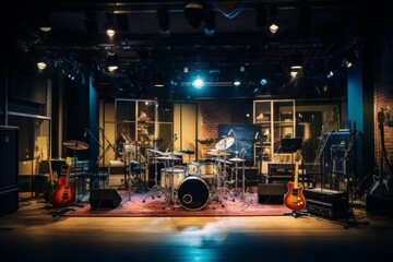Vibrant Live Music Bar with a Stage Set with Guitars, Drums, and Microphones under Warm Spotlights