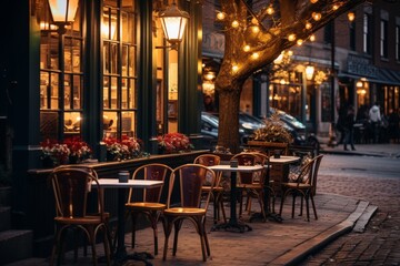 Naklejka premium A Charming Corner Cafe Illuminated by Twinkling String Lights, Nestled Amongst Vintage Brick Buildings in a Bustling City