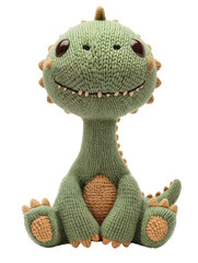 Green Funny Knitted Dinosaur, Isolated on Transparent Background. DIY Plush Toy, Birthday Present,...