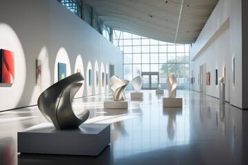 A Modern Art Gallery Showcasing a Collection of Abstract Sculptures, Illuminated by Natural Light...