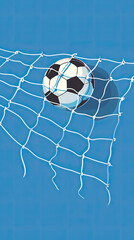 a soccer ball in the goal net, simple design, vector illustration, flat colors, isolated on blue background