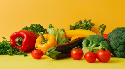 Fresh vegetables on yellow background. Healthy food concept. Copy space