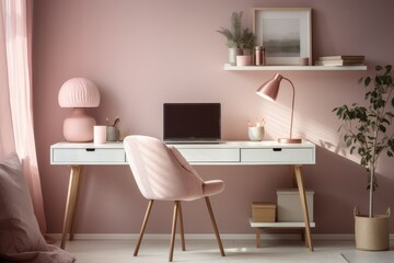 A Dusty Rose Office Space with Soft Touches of Pastel Colors, Featuring a Vintage Desk, Plush Chair, and Delicate Decorative Elements