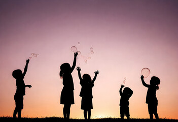 a group of children playing with bubbles in the sunset