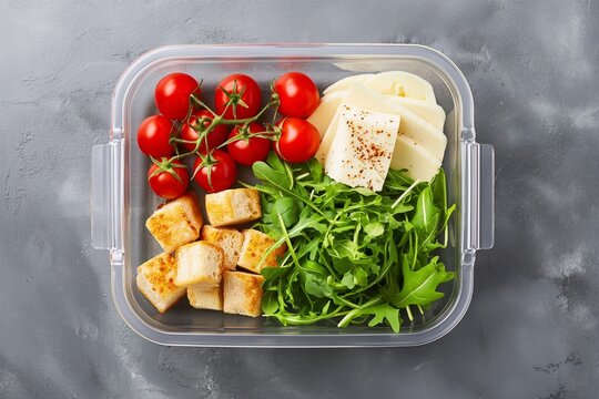 Simple vegan meal prep with tofu, cherry tomatoes, and fresh arugula in a clear container