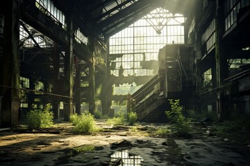 A Hauntingly Beautiful Abandoned Warehouse at Dusk, with Sunlight Peeking through Broken Windows and Nature Reclaiming its Territory - obrazy, fototapety, plakaty