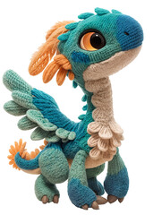 Blue Cute Knitted Dinosaur, Isolated on Transparent Background. DIY Plush Toy, Birthday Present,...