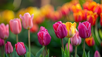 Vibrant tulips are blooming beautifully in the spring season