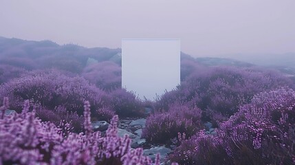 A misty moorland scene, with heather in bloom and distant hills fading into the haze, framing a white blank mockup frame against a backdrop of muted lavender