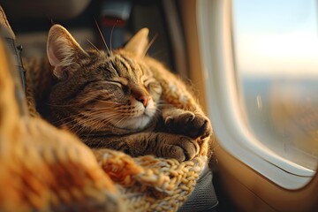 Tabby Cat Enjoys Cozy Flight by Window Seat. Generative AI