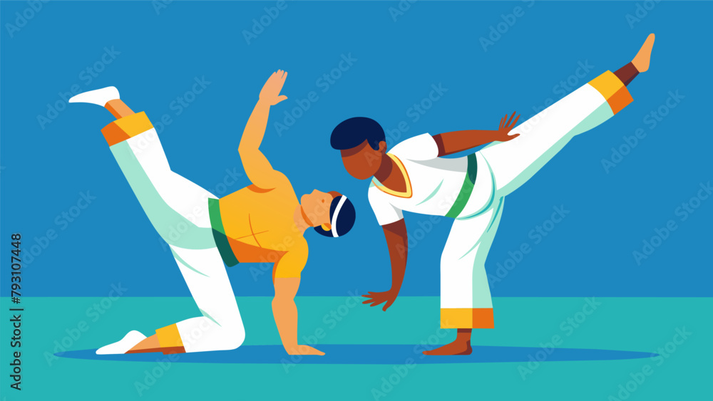 Poster in a display of respect and camaraderie two capoeiristas end their game with a handstand acknowledgi