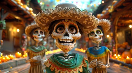 Cartoon image of a skeleton dressed up and wearing makeup in the Cinco De Mayo festival theme.