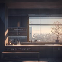 Glimpse into a high-end penthouse apartment featuring a luxurious kitchen with an expansive cityscape window. - obrazy, fototapety, plakaty