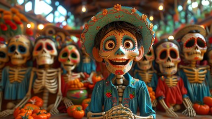 Cartoon image of a skeleton dressed up and wearing makeup in the Cinco De Mayo festival theme.