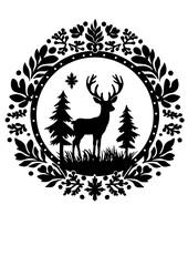 Fototapeta premium Deer in a frame of leaves, outline. Black vector illustration