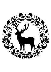 Deer in a frame of leaves, outline. Black vector illustration