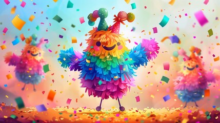 cute cartoon pinata bursting with colorful candies  in the Cinco De Mayo festival theme.