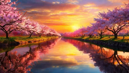 Muurstickers 季節は春、ただの夕日、ただの水面、ただの桜、それがただ美しくて心打たれる © Hiyoko maru