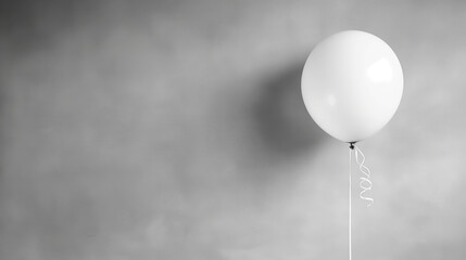 Single white balloon with curly string casts soft shadow on grey background. Minimalistic composition conveys simplicity and lightness