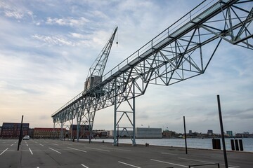 Cityscape of Copenhagen, northern docks with industrial construction