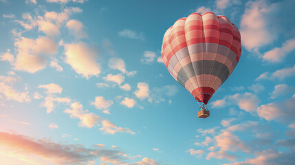 Red and grey hot air balloon floats in sky during sunset, fluffy clouds painted by golden hour light. Scene evokes sense of adventure and tranquility