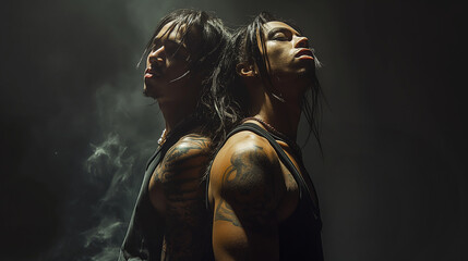 Two muscular individuals with tattoos stand back to back in moody lighting and mist. Scene is intense and dramatic, highlighting their strength and confidence