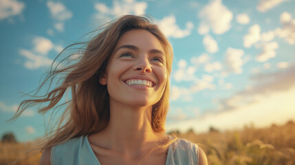 Radiant young woman smiling with wind in her hair basking in golden sunlight against soft blue sky with clouds. This image captures moment of happiness and freedom in nature