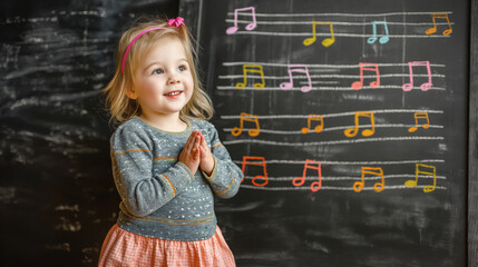 Cheerful young girl with pink hairband claps hands before chalkboard with colorful music notes. Joy and creativity in early education shine through her smile
