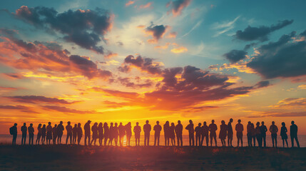 Group of people silhouette standing against vibrant sunset over sea. Sky rich colors create backdrop that speaks to end of day and closeness of community