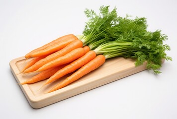 Fresh carrots with green leaves on cutting board isolated on white background.