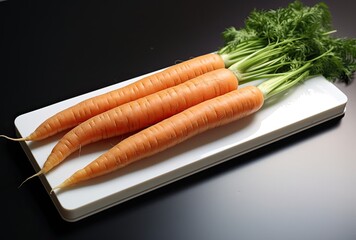 Fresh carrots on a white cutting board on a black background close up